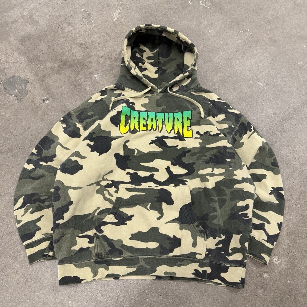 VINTAGE 00s CREATURE SKATEBOARDS CAMO NHS PULLOVER HOODIE GREEN MENS XL